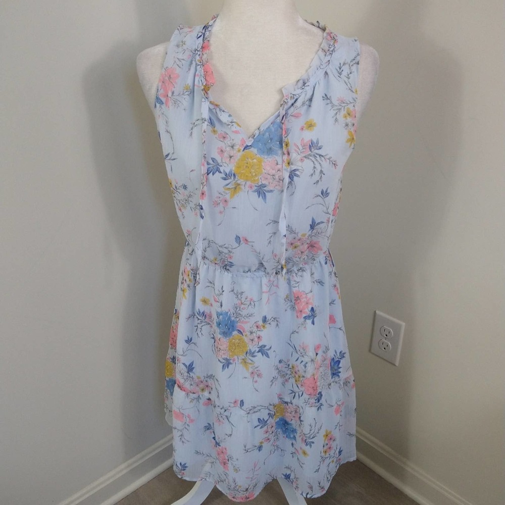 Blue floral v-neck sleeves boho cottagecore midi dress small flowy loose casual - Picture 2 of 10